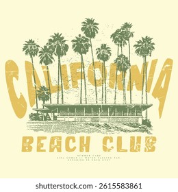 California Beach resort hand-drawn summer apparel t-shirt design. Tropical holiday T-shirt design For Resort Vibes, beach resort with big waves, malibu beach, summer vibes hand draw, summer slogan