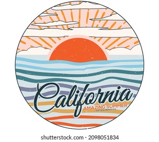 California beach retro logo vector graphic print design for t shirt , apparel, badge, sticker, poster and others.