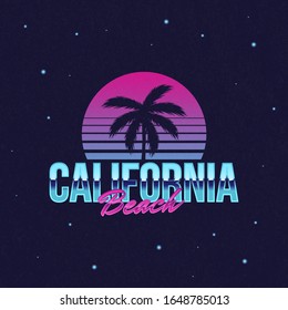 California Beach retro neon logo. 80's logo design with Beach palm and retro sun. Vector logo template with old craft texture.