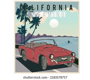 California Beach Road Trip Print Design For Posters, Stickers, Background And Others. Outdoor Illustration. Palm Tree And Car Vector Artwork.