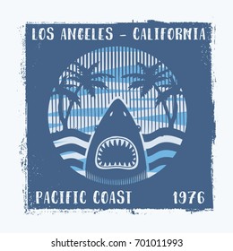 California beach shark typography, tee shirt graphics, vectors, 