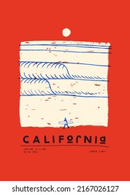 California beach simple line distressed vintage style silkscreen vector illustration surfing t-shirt print.