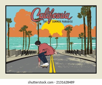 California Beach Street Skating Guy Summer Vibes Vector Illustration Artwork  