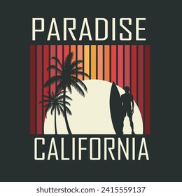 California beach summer surf t-shirt design retro silhouette vintage style, typography, poster, template, print ready, editable
