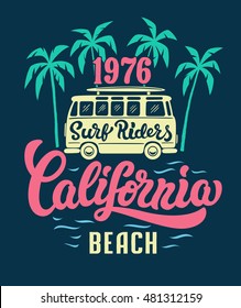 California Beach Surf Riders. T-shirt Design Print.