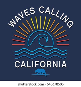 California beach surf typography, tee shirt graphics, vectors