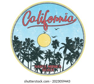 California beach surfing club  graphic t shirt design for summer. Gradient sky with sun and birs print design for  patch, sticker, batch, apparel, logo, embroidery, wallpaper etc. 