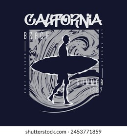California beach surfing stylish t-shirt and apparel abstract design. Vector print, typography, poster
