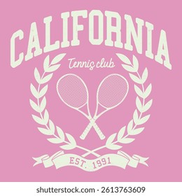 California Beach Tennis club Graphics print design. Racket tournament. Tennis college league. 