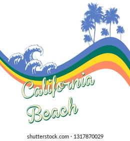 California Beach Text with Palm Tree and Vector Waves for Fashion and Poster Print design - Vektör