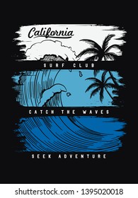 Texto de praia da Califórnia com ondas e ilustrações vetoriais de palmeiras. Para estampas de camisetas e outros usos.