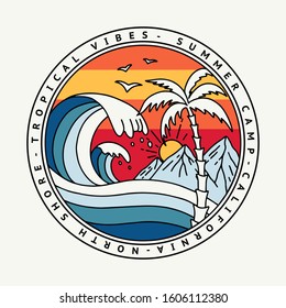 California beach text with waves, a palm, mountains and sun vector illustrations. For t-shirt prints, posters and other uses.