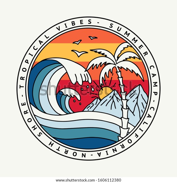 カリフォルニアのビーチテキストと波 ヤシ 山 サンベクターイラスト Tシャツのプリント ポスター その他の用途 のベクター画像素材 ロイヤリティフリー