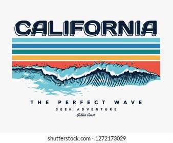 California beach text with waves and sun vector illustrations. For t-shirt prints and other uses.