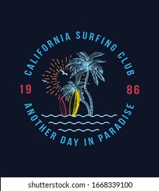 California beach text with waves and sun vector illustrations. For t-shirt prints and other uses.