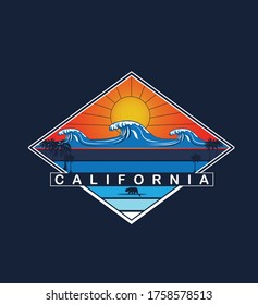 California beach text with waves and sun vector illustrations. For t-shirt prints and other uses.
