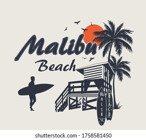 California beach text with waves and sun vector illustrations. For t-shirt prints and other uses.