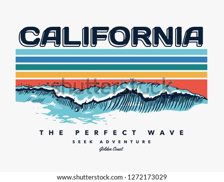 California beach text with waves and sun vector illustrations. For t-shirt prints and other uses.