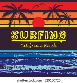 California beach Typography Graphics. Pacific Coast California Surfboard. Surfer emblem. T-shirt Printing Design for sportswear apparel. CA original wear. Concept in vintage style for print production
