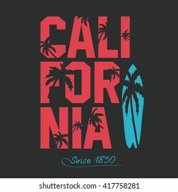 California beach Typography Graphics. Palms and surfboard. T-shirt Printing Design for sportswear apparel