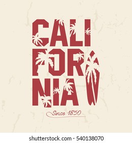 California beach Typography Graphics. Palms and surfboard. T-shirt Printing Design for sportswear apparel. Vector illustration of a surfing in California. Sports wear print design
