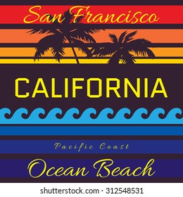 California beach Typography Graphics. San Francisco Ocean Beach. T-shirt Printing Design for sportswear apparel. CA original wear. Concept in vintage graphic style for print production. Palms and wave