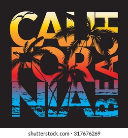 California beach Typography Graphics. T-shirt Printing Design for sportswear apparel. CA original wear. Concept in vintage graphic style for print production. Palms, wave and seagull. Vector