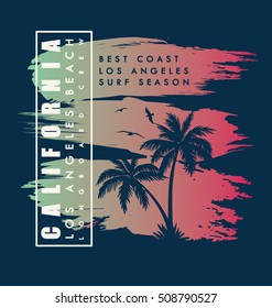 California beach Typography Graphics. T-shirt Printing Design for sportswear apparel. CA original wear. Concept in vintage graphic style for print production. Palms, wave and seagull. Vector