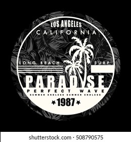 California beach Typography Graphics. T-shirt Printing Design for sportswear apparel. CA original wear. Concept in vintage graphic style for print production. Palms, wave and seagull. Vector