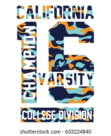 California beach Typography Graphics. T-shirt Printing Design for sportswear apparel. Brooklyn original wear. Concept in vintage graphic style for print production. -