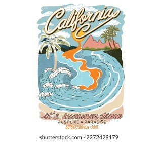 California beach vector design. Big wave with surfing graphic print design for t shirt, poster, sticker and others.