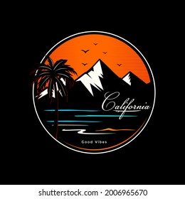 California beach vector design. Palm graphic print for fashion. Summer vibes artwork for t shirt and other uses.