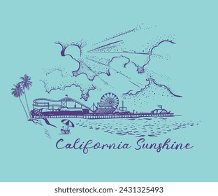 ilustración vectorial de playa de california, obra de arte de playa de verano para camiseta, etiqueta engomada, póster, impresión gráfica, california beach dibujado a mano, nube y sol con beach park