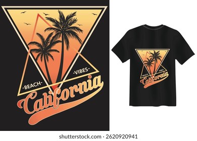 California beach vibes retro design with palm trees on black tshirt