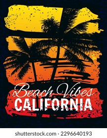 California Beach Vibes sunset print t-shirt design. Poster retro grunge palm tree silhouettes