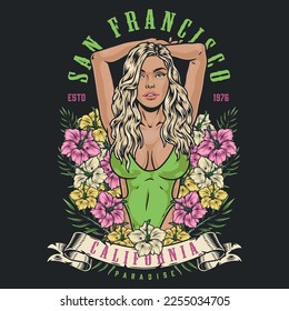 California beach woman flyer colorful flowers and exotic leaves around young blonde woman in swimsuit for summer resort vector illustration