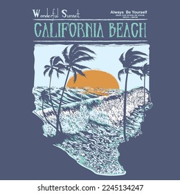 California beach is wonderful Sunset, Tropical sunset. Surf and beach. Vintage beach print. Tee graphic design