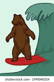 California bear character surfing wave isolated summer sports animal vector illustration.