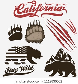 California Bear, grizzly footprint, paw print with claw scratches set. Vector