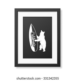 California bear holding a surfboard - Background in realistic square black frame on white background. Vector EPS10 illustration. 