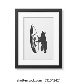 California bear holding a surfboard - Background in realistic square black frame on white background. Vector EPS10 illustration. 