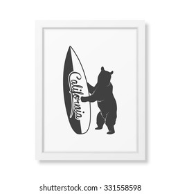 California bear holding a surfboard - Background in realistic square white frame on white background. Vector EPS10 illustration. 