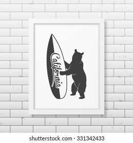 California bear holding a surfboard -  typographical Background in realistic square white frame on the brick wall background. Vector EPS10 illustration. 