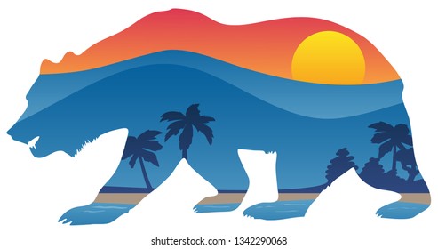 California Bear With Mountain Shoreline Summer Scene Overlay Vector Illustration