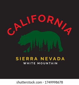 California bear Sierra Nevada white Mountains and Pinetrees vector poster or T-shirt Fashion Design