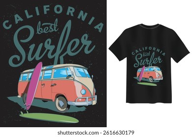 California best surfer tshirt design with vintage van and surfboard illustration