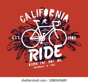 California bicycle ride - fixie bike in palm trees vintage typography print