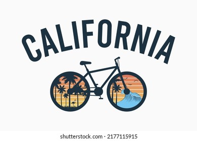 California bicycle t-shirt design. Bike tee shirt with palm trees, flamingo and waves. Typography graphics for apparel print. Vector illustration.