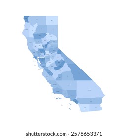 California, CA - detailed political map of US state. Administrative map divided into counties. Blue map with county name labels. Vector illustration