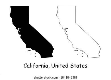 California CA state Map USA. Black silhouette and outline isolated maps on a white background. EPS Vector